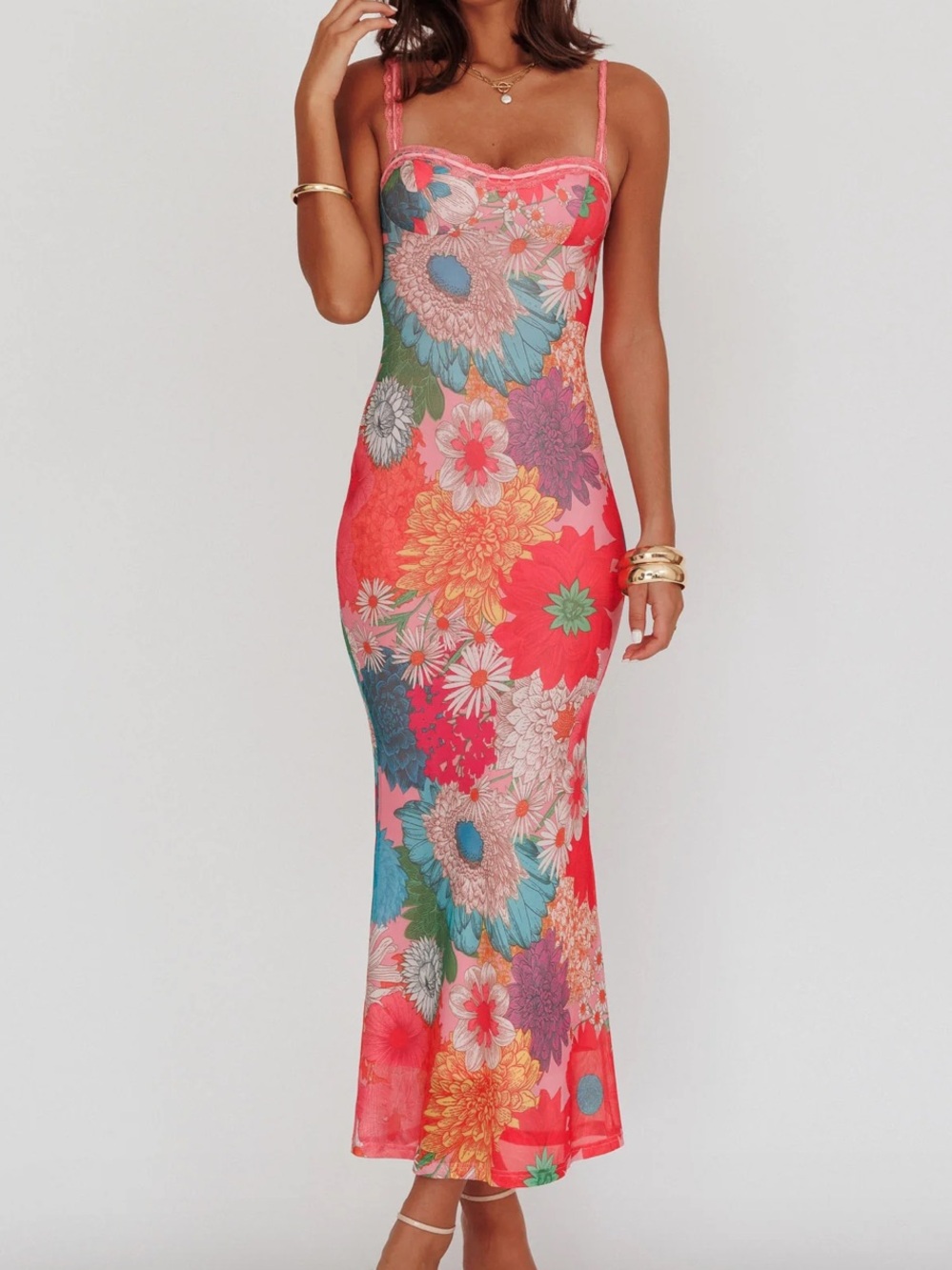 Floral Slip Midi Dress in Coral Pink